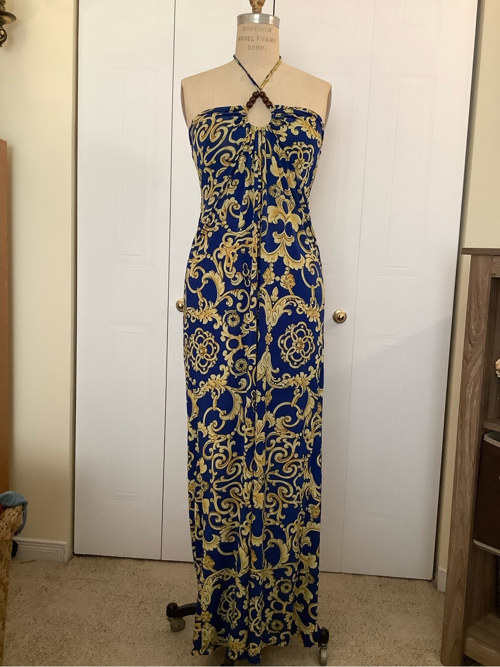 Blue and Gold Halter-Style Printed Maxi Dress